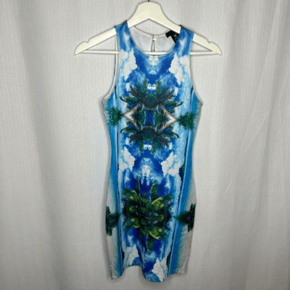 Aqua Palm Print Bodycon‎ Sheath Dress